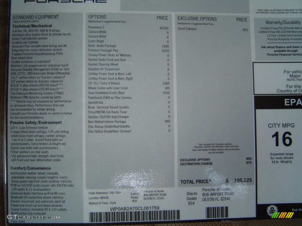 2012 Porsche Panamera S Window Sticker Photo #63560451