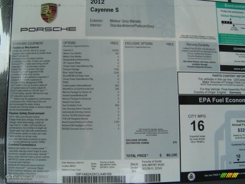 2012 Porsche Cayenne S Window Sticker Photo #63560582