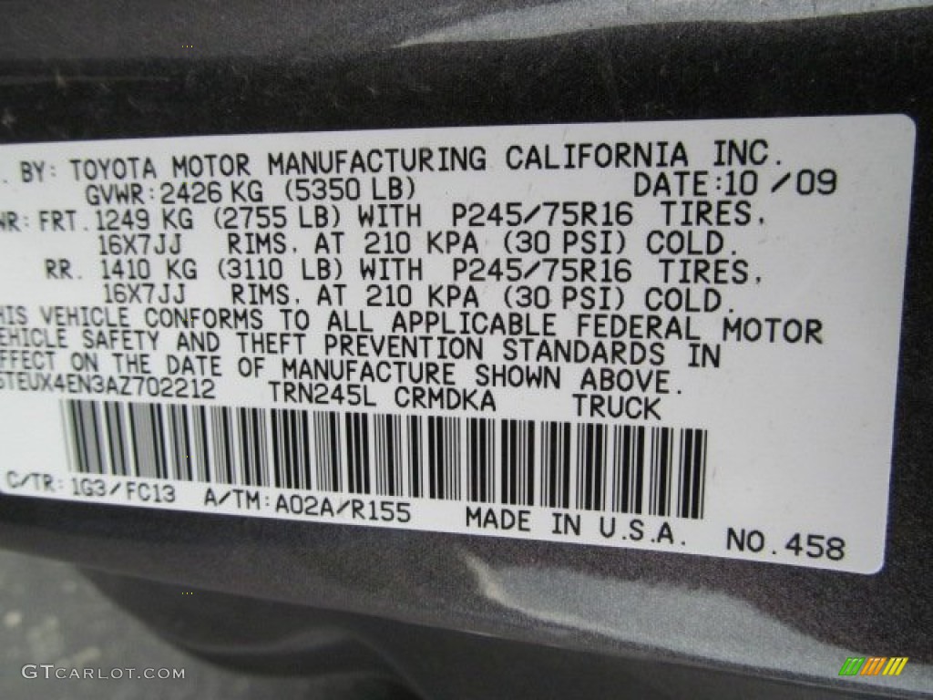 2010 Toyota Tacoma SR5 Access Cab 4x4 Color Code Photos