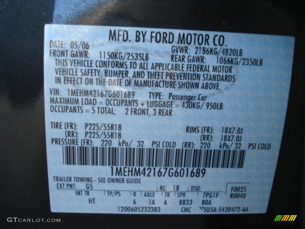 2007 Mercury Montego Premier Color Code Photos