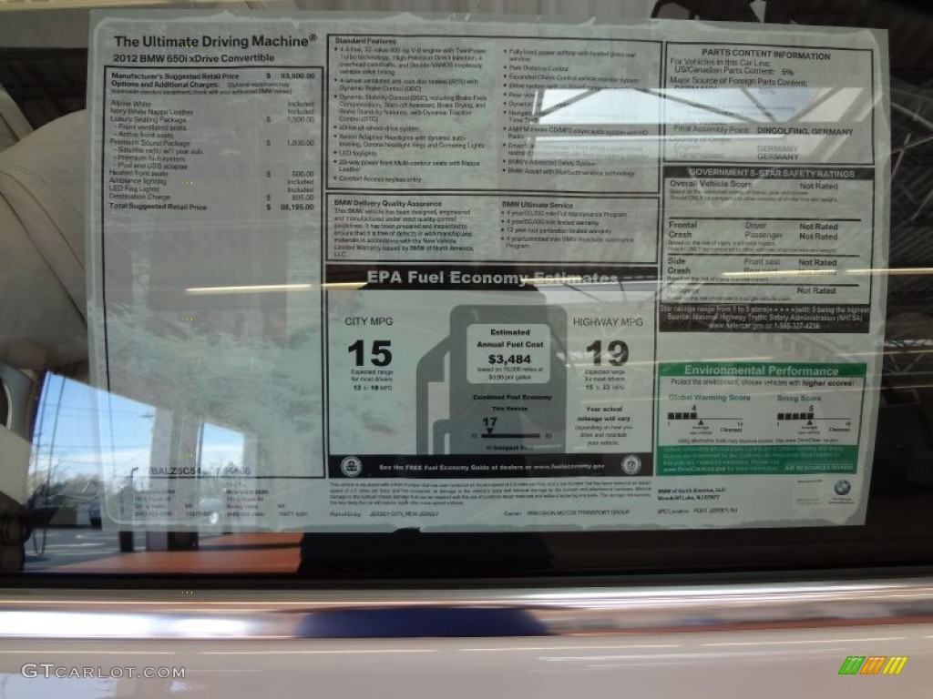 2012 BMW 6 Series 650i xDrive Convertible Window Sticker Photo #63570569