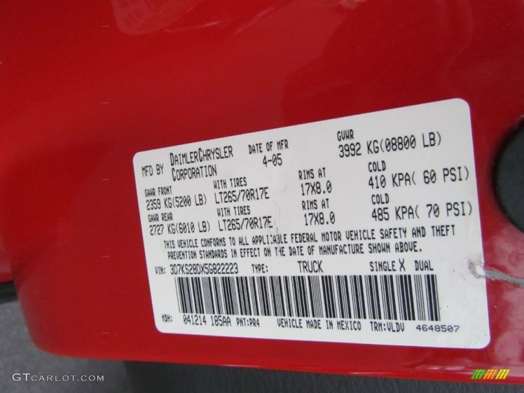 2005 Ram 2500 Color Code PR4 for Flame Red Photo #63579278