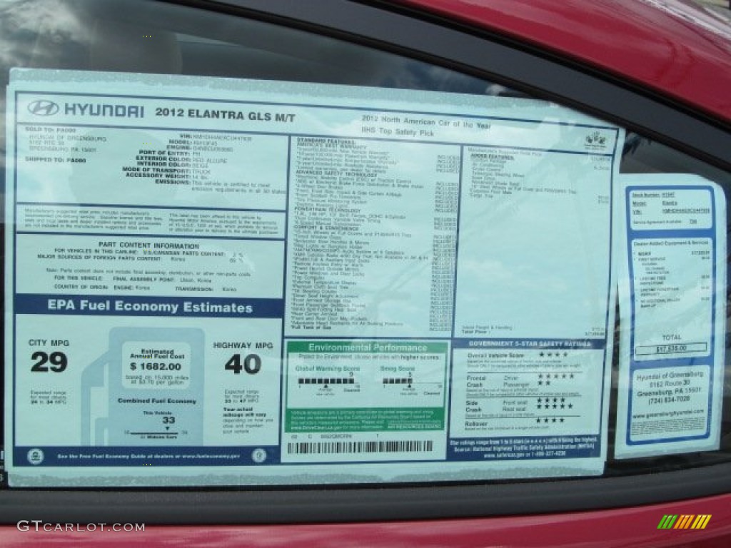 2012 Hyundai Elantra GLS Window Sticker Photo #63581240