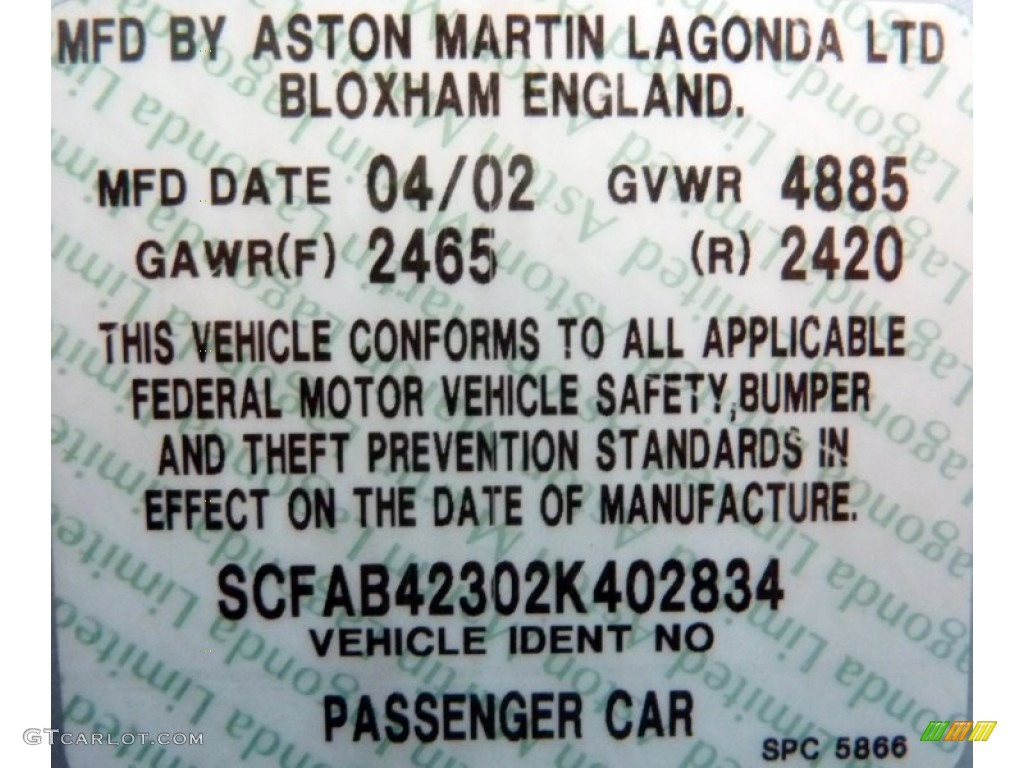 2002 Aston Martin DB7 Vantage Volante Info Tag Photos