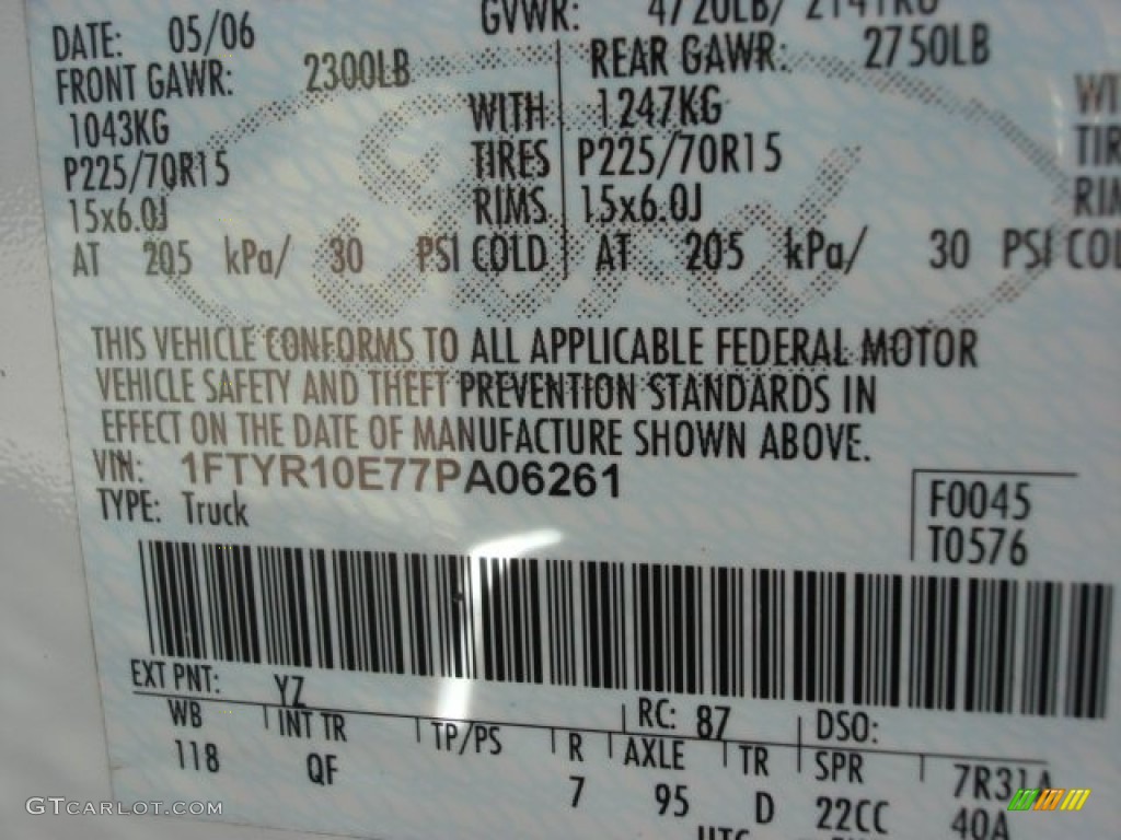 2007 Ranger Color Code YZ for Oxford White Photo #63597406