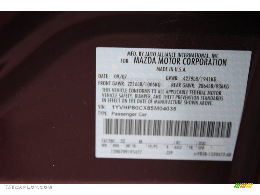 2008 MAZDA6 Color Code 32M for Dark Cherry Mica Photo #63600274