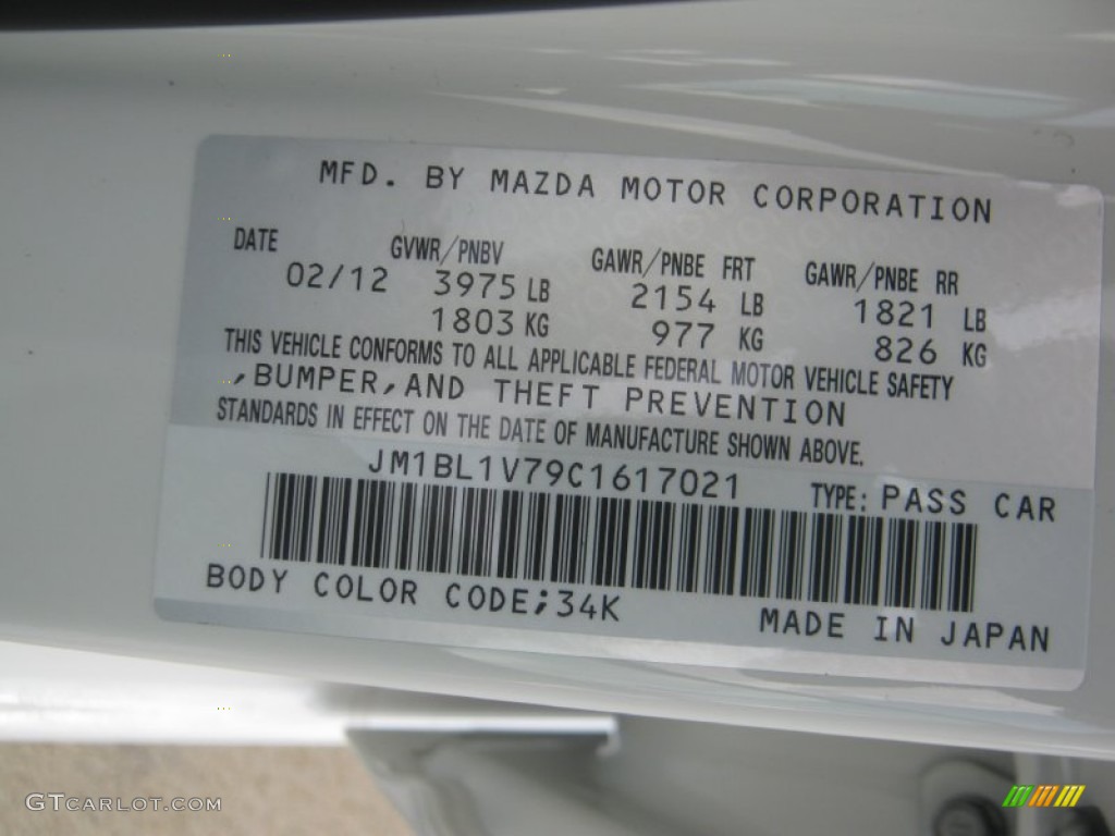 2012 MAZDA3 Color Code 34K for Crystal White Pearl Mica Photo #63614824