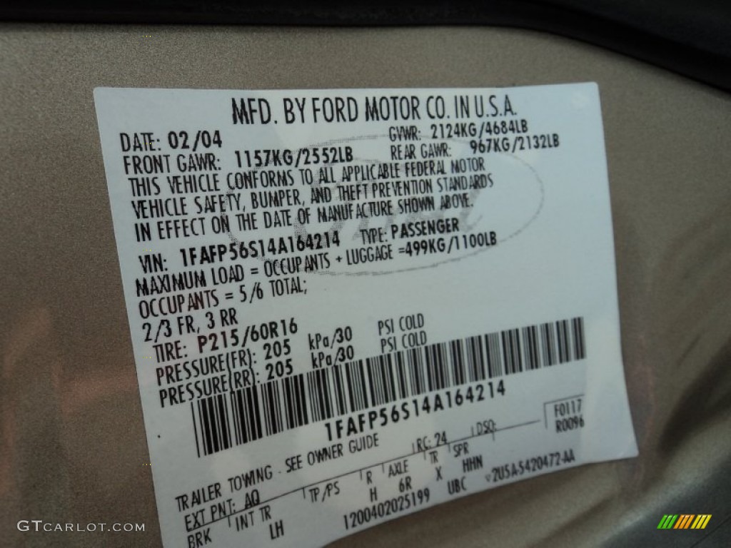 2004 Taurus Color Code AQ for Arizona Beige Metallic Photo #63615671