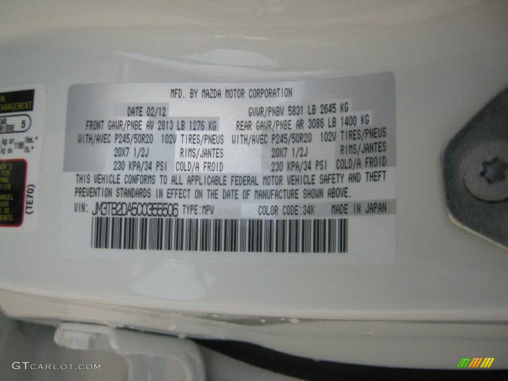 2012 CX-9 Color Code 34K for Crystal White Pearl Mica Photo #63615672