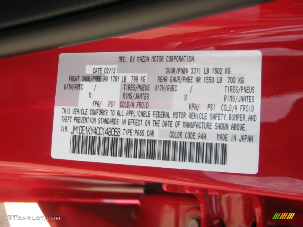 2012 MAZDA2 Color Code A4A for True Red Photo 63615925