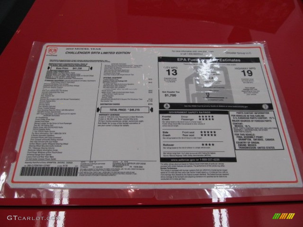 2010 Dodge Challenger SRT8 Window Sticker Photos