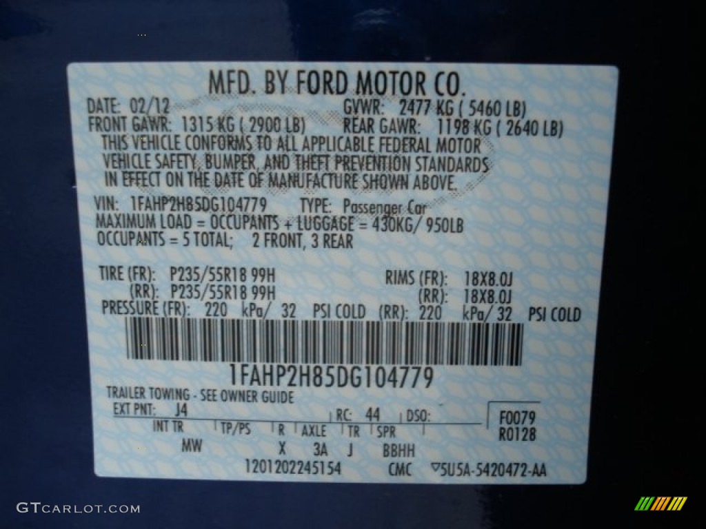 2013 Taurus Color Code J4 for Deep Impact Blue Metallic Photo #63635722