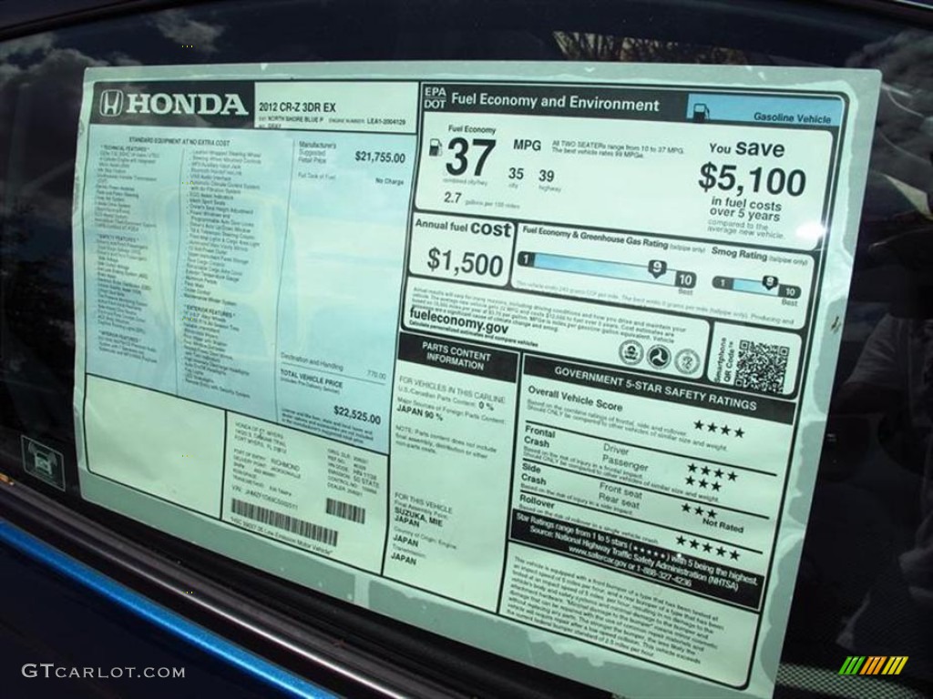 2012 Honda CR-Z EX Sport Hybrid Window Sticker Photo #63642249