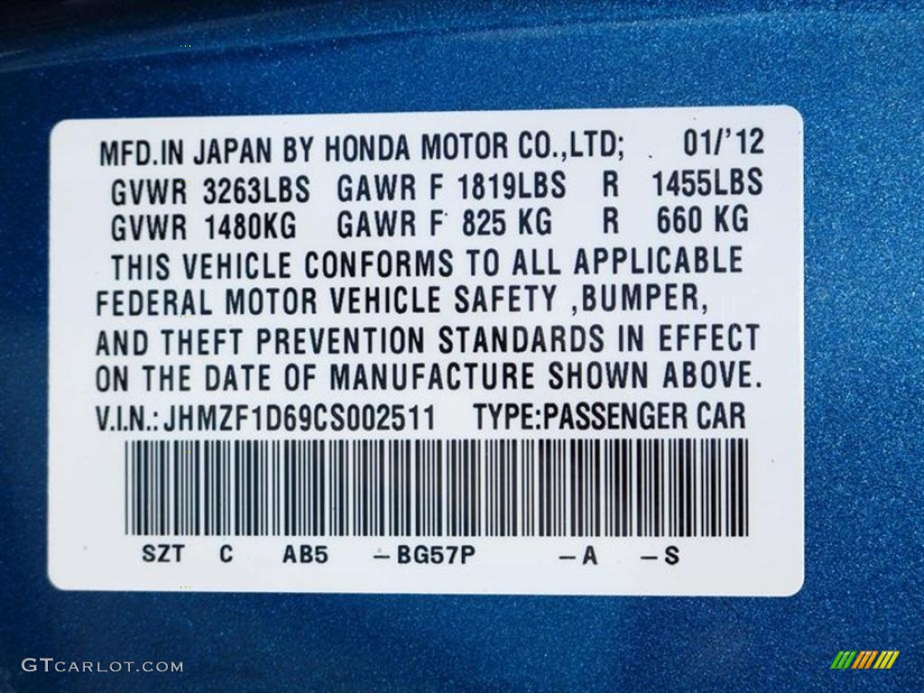 2012 CR-Z Color Code BG57P for North Shore Blue Pearl Photo #63642265