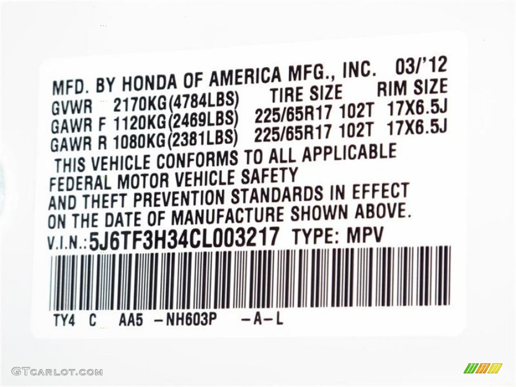 2012 Accord Color Code NH603P for White Diamond Pearl Photo #63642463