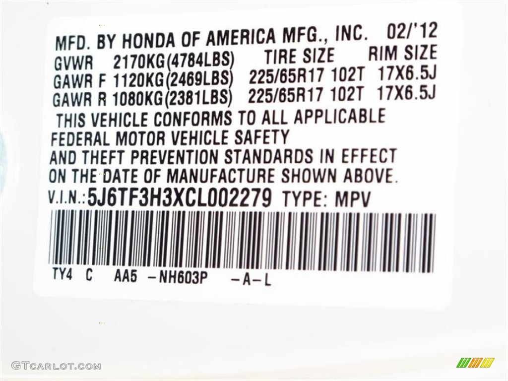 2012 Accord Color Code NH603P for White Diamond Pearl Photo #63642742