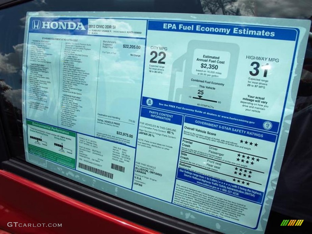2012 Honda Civic Si Coupe Window Sticker Photo #63642823