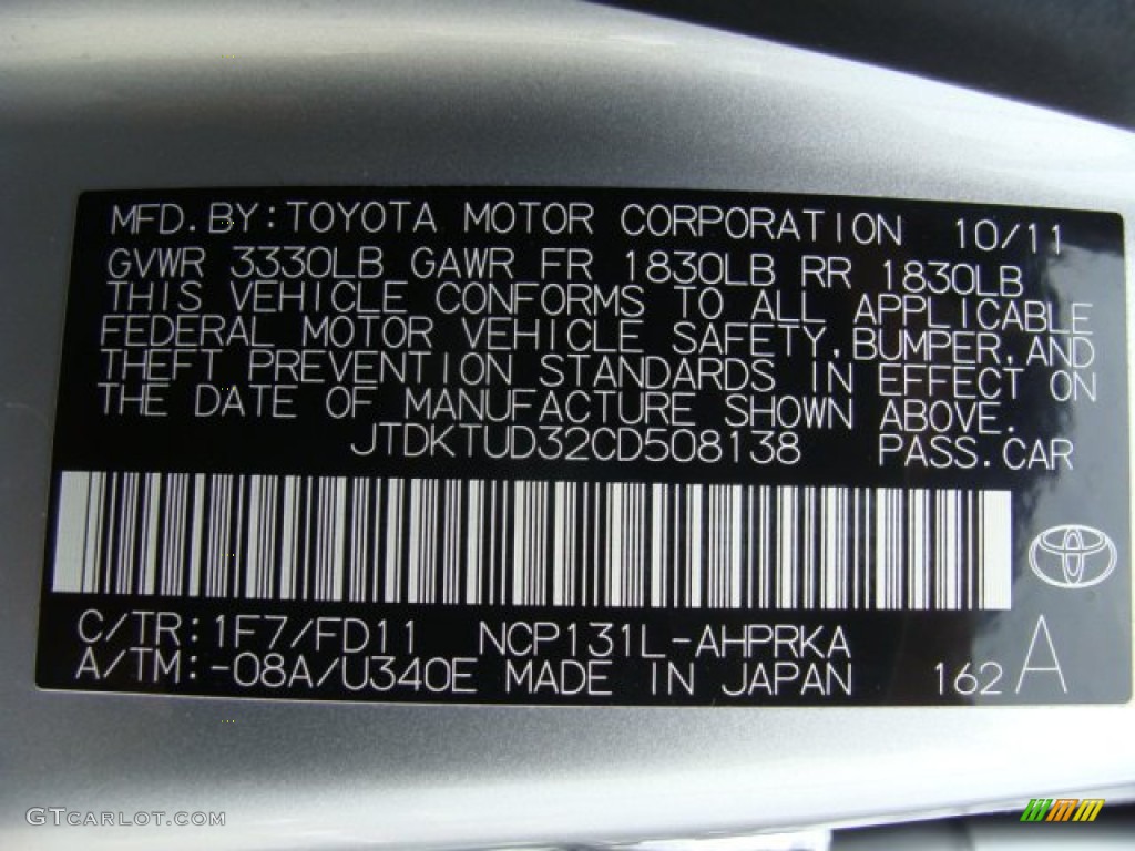 2012 Yaris Color Code 1F7 for Classic Silver Metallic Photo #63648005