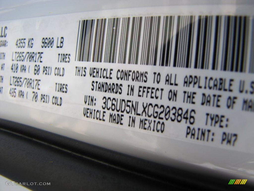 2012 Ram 2500 HD Color Code PW7 for Bright White Photo #63661756