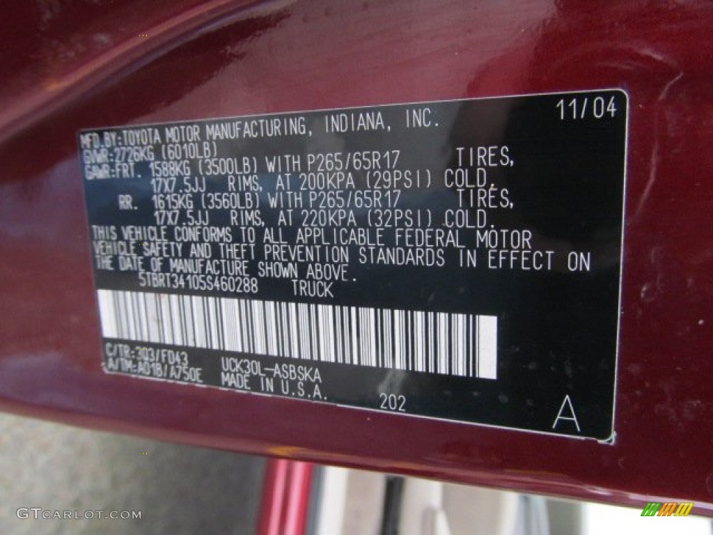 2005 Toyota Tundra SR5 Access Cab Color Code Photos