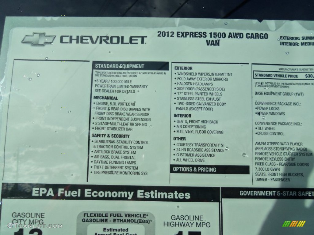 2012 Chevrolet Express 1500 Cargo Van Window Sticker Photo #63680505