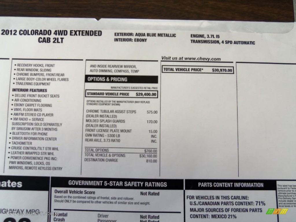 2012 Chevrolet Colorado LT Extended Cab 4x4 Window Sticker Photo #63680916
