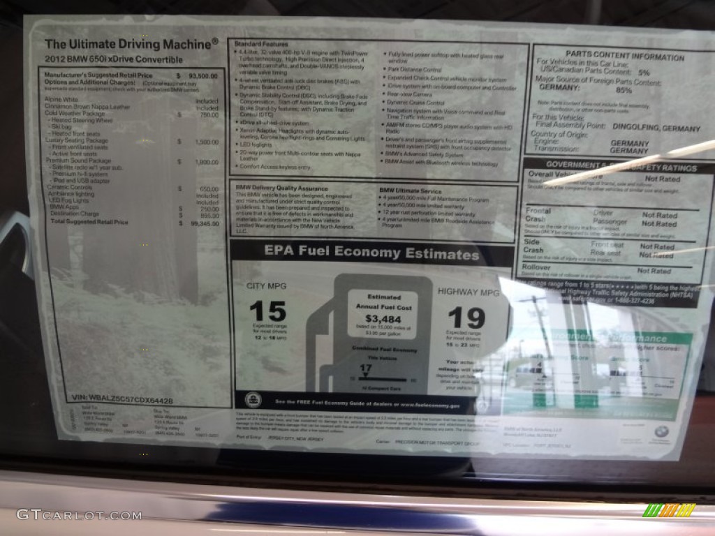 2012 BMW 6 Series 650i xDrive Convertible Window Sticker Photo #63682998