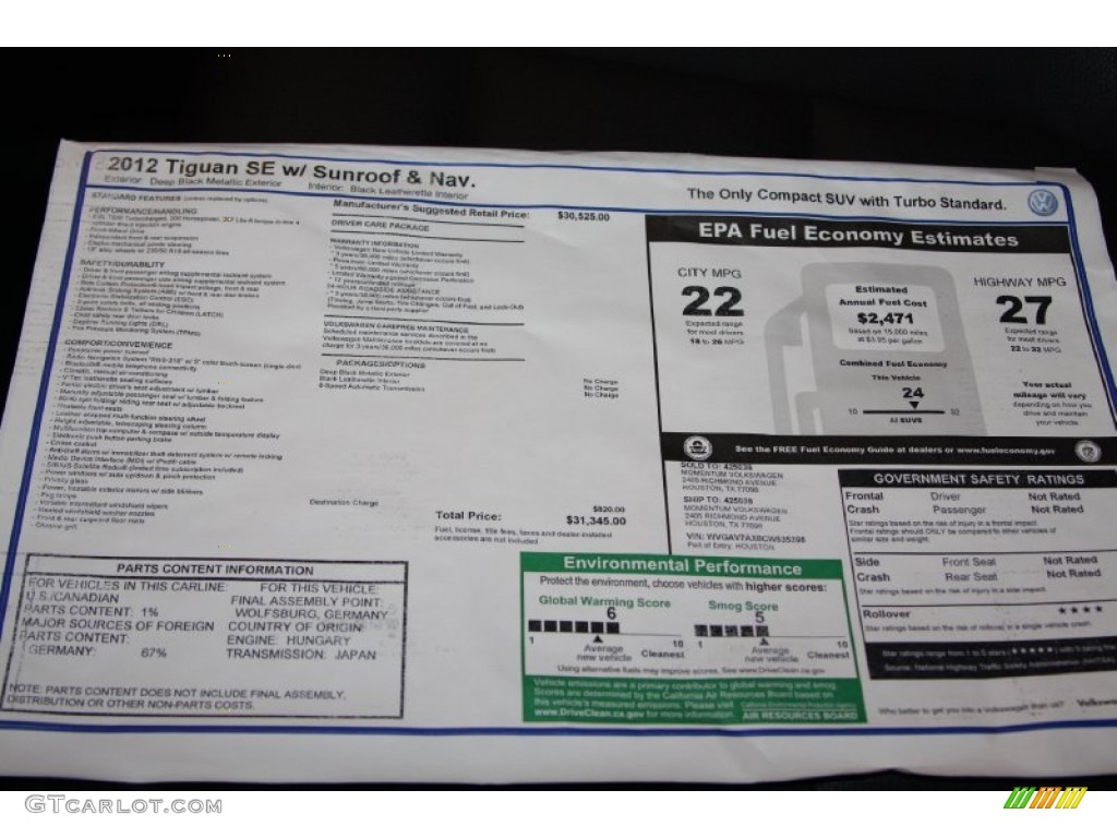 2012 Tiguan SE - Deep Black Metallic / Black photo #27