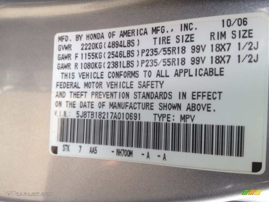 2007 RDX Color Code NH700M for Alabaster Silver Metallic Photo #63689832