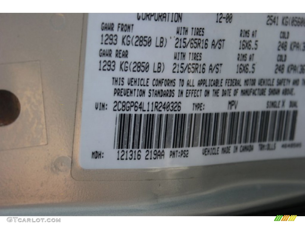 2001 Chrysler Town & Country Limited Color Code Photos