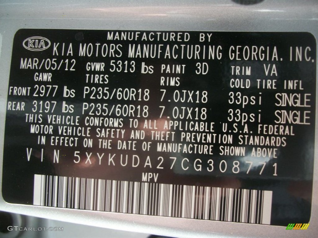 2012 Kia Sorento EX V6 AWD Color Code Photos