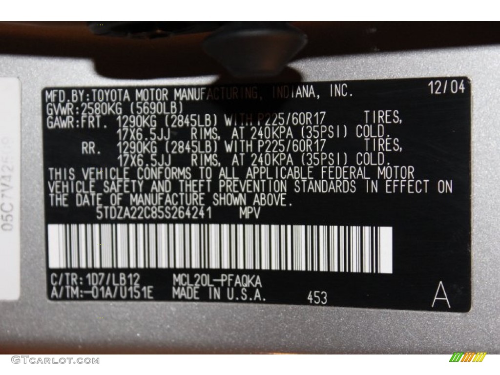 2005 Toyota Sienna XLE Limited Color Code Photos