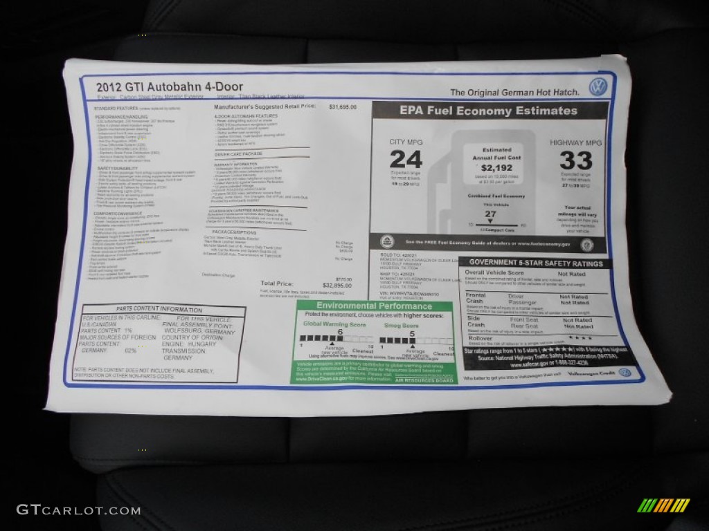 2012 Volkswagen GTI 4 Door Autobahn Edition Window Sticker Photo #63695685