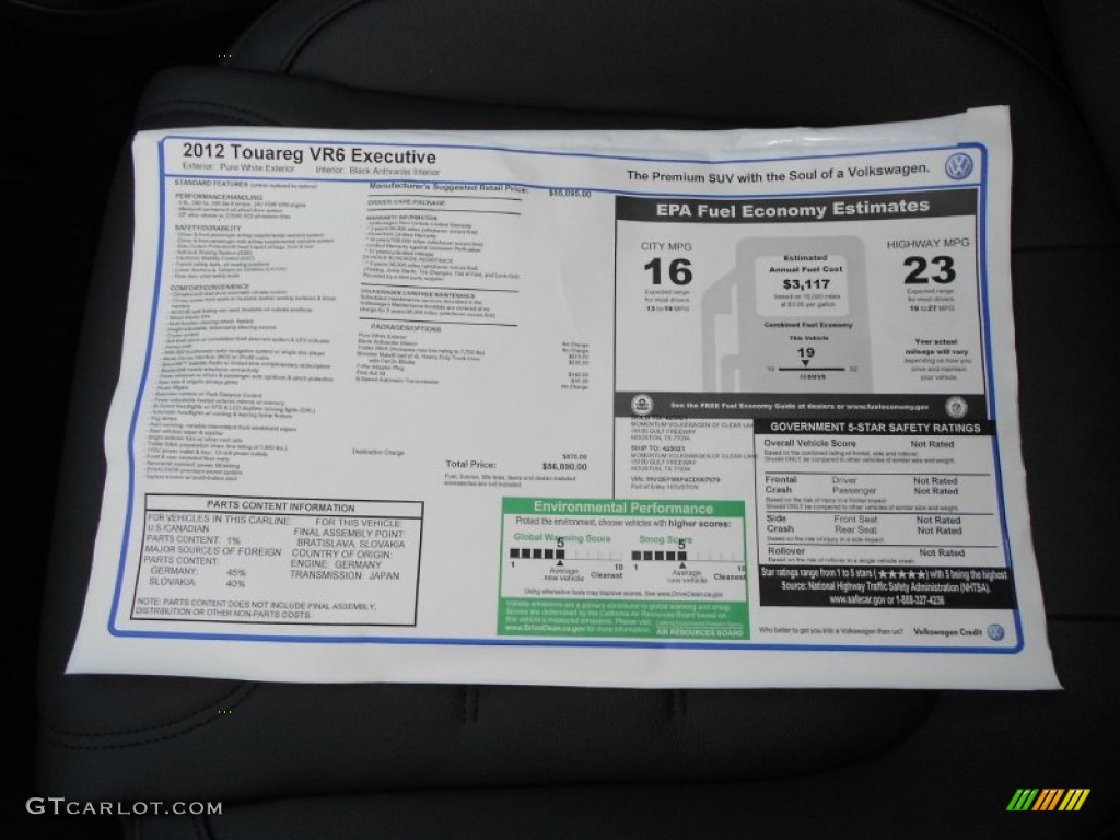 2012 Volkswagen Touareg VR6 FSI Executive 4XMotion Window Sticker Photo #63697146