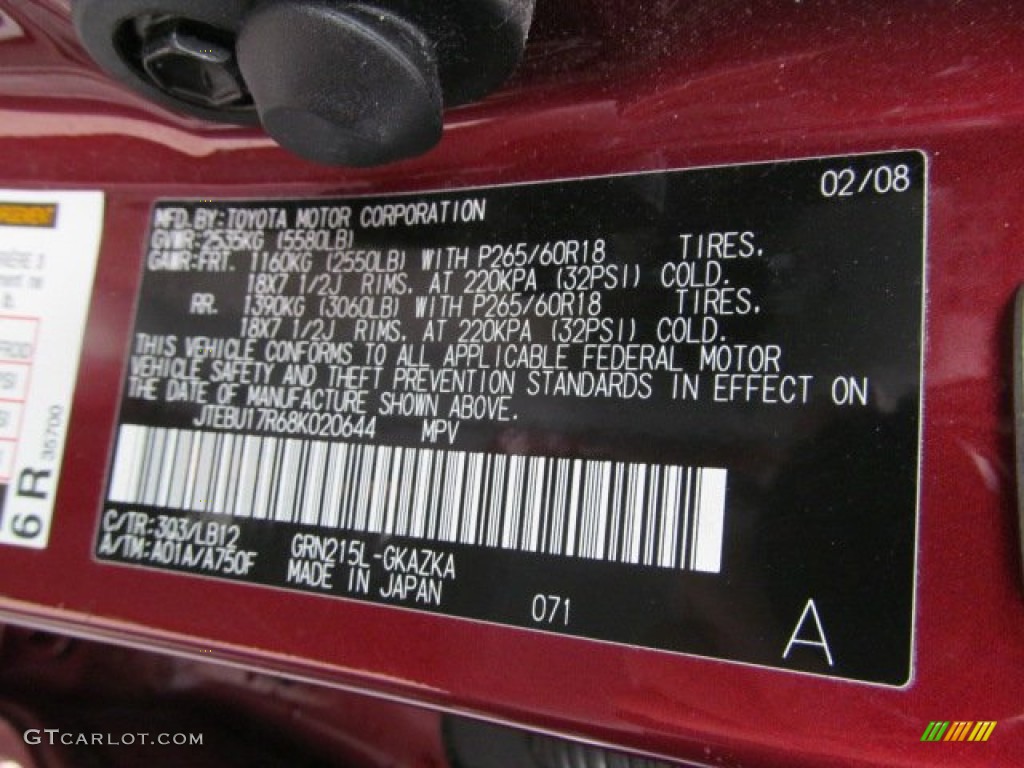 2008 Toyota 4Runner Limited 4x4 Color Code Photos