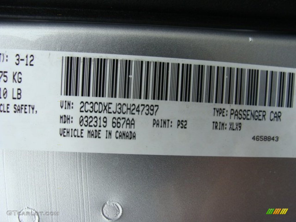 2012 Charger Color Code PS2 for Bright Silver Metallic Photo #63731254