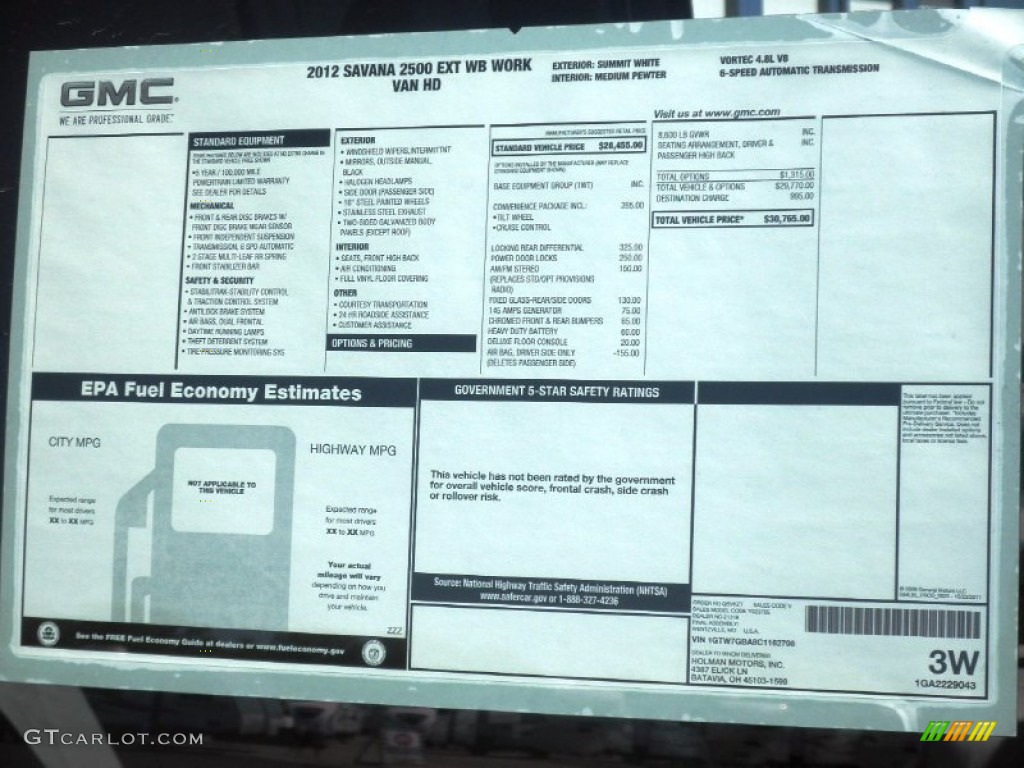 2012 GMC Savana Van 2500 Extended Cargo Window Sticker Photo #63746820