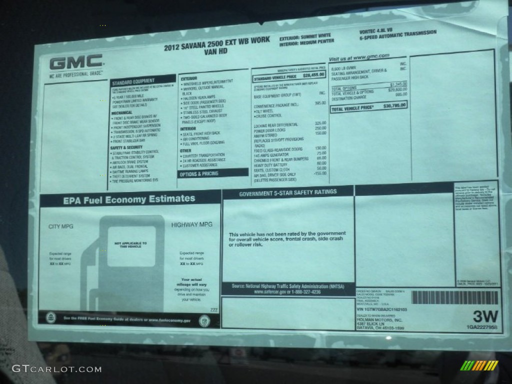 2012 GMC Savana Van 2500 Extended Cargo Window Sticker Photo #63746952