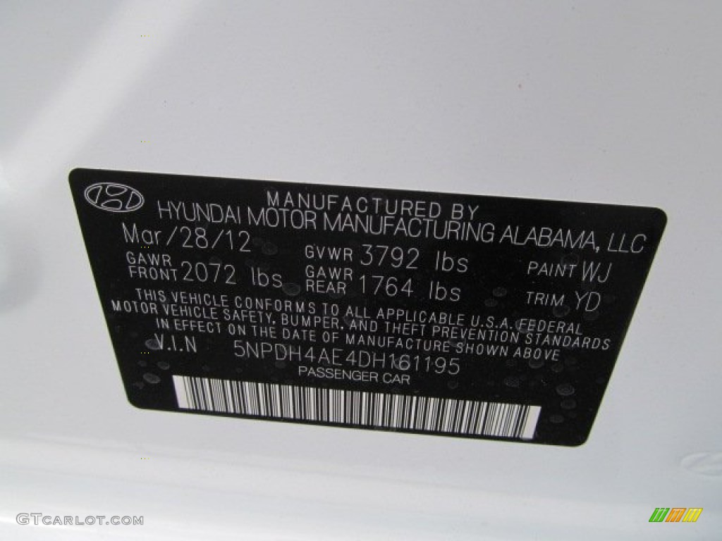 2013 Elantra Color Code WJ for Shimmering White Photo #63773646