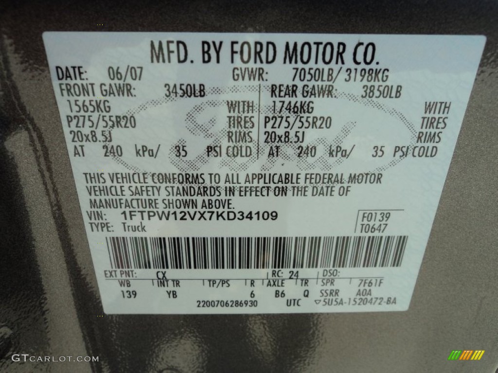 2007 Ford F150 FX2 Sport SuperCrew Color Code Photos