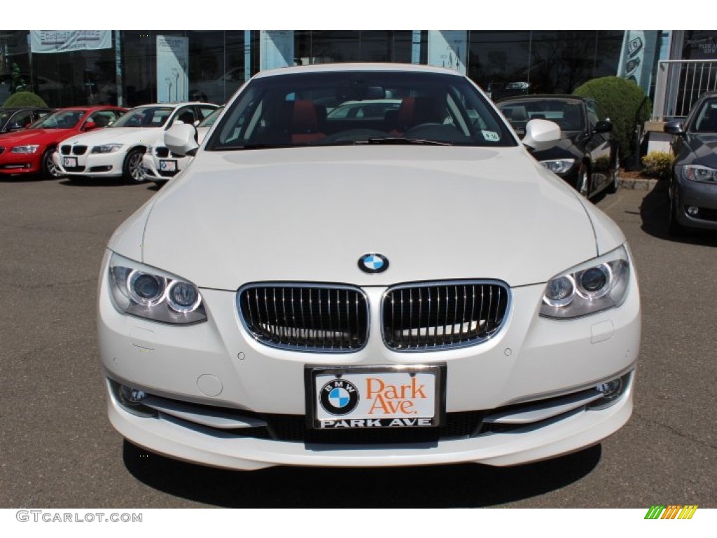 2011 3 Series 335i xDrive Coupe - Mineral White Metallic / Coral Red/Black Dakota Leather photo #2