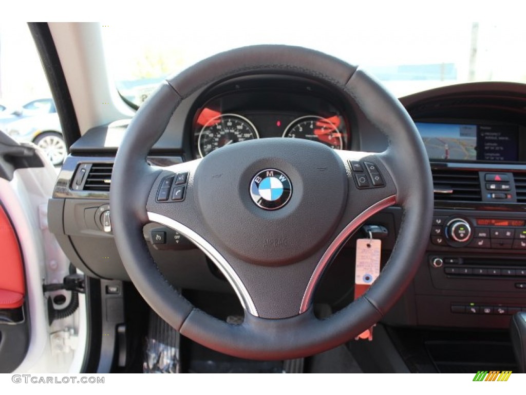 2011 BMW 3 Series 335i xDrive Coupe Coral Red/Black Dakota Leather Steering Wheel Photo #63798941