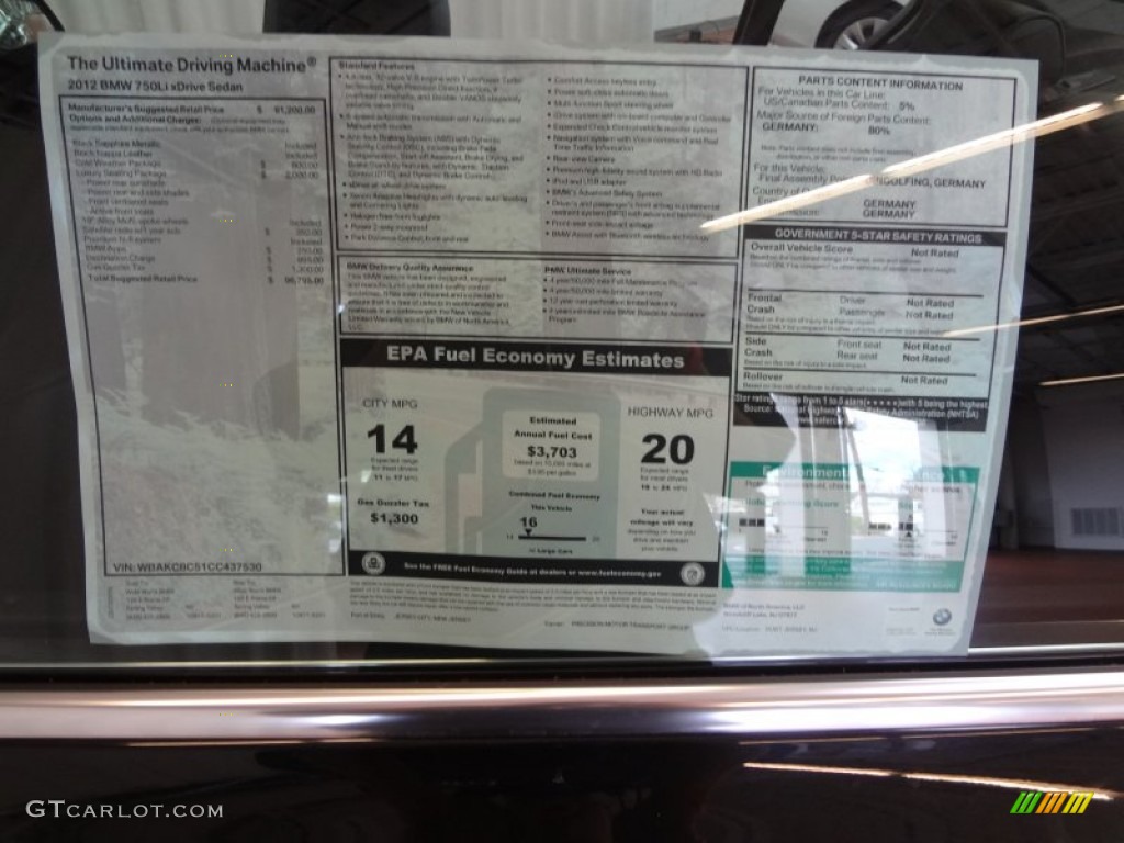 2012 BMW 7 Series 750Li xDrive Sedan Window Sticker Photo #63804879