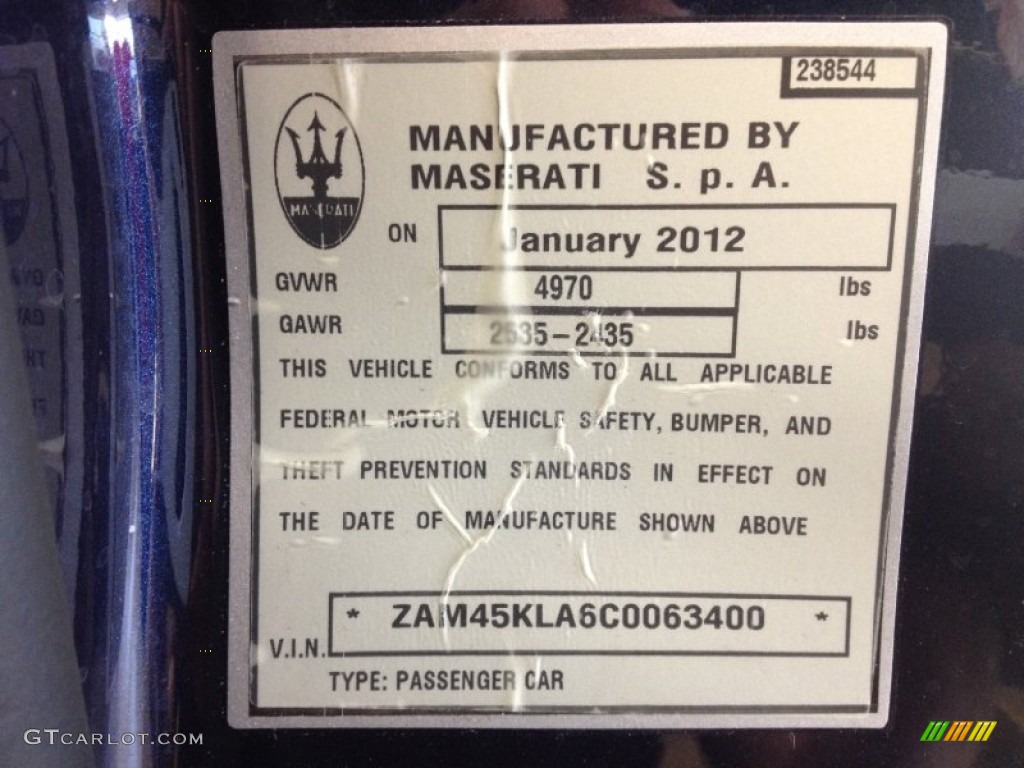 2012 Maserati GranTurismo S Automatic Info Tag Photo #63805596