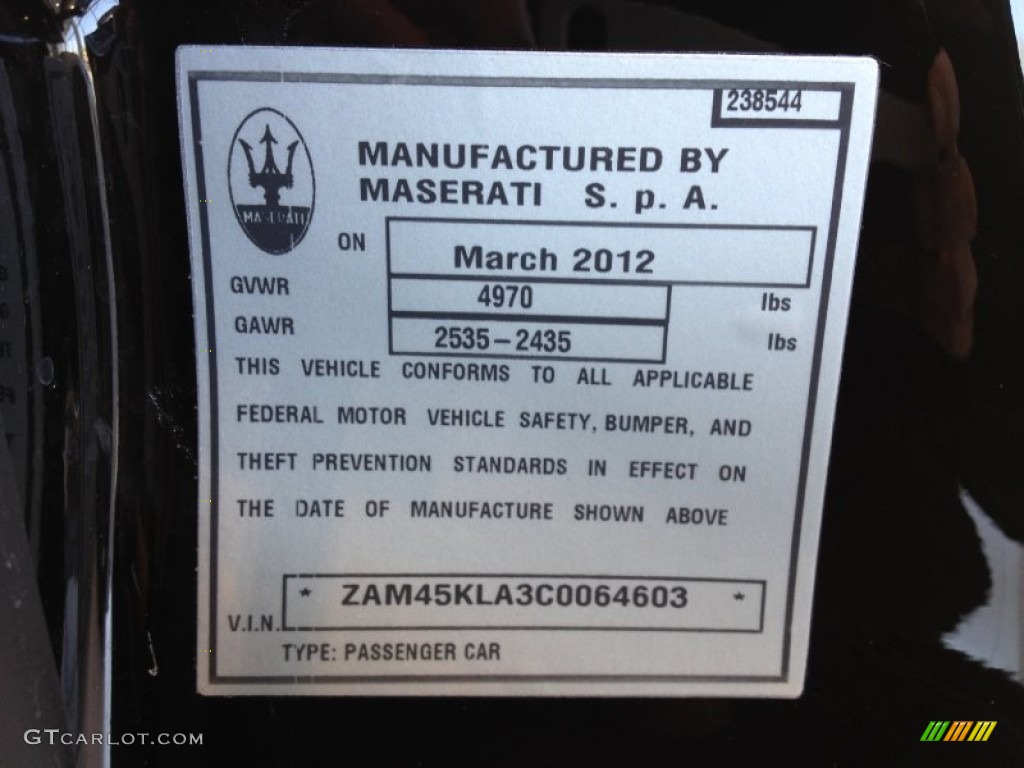 2012 Maserati GranTurismo S Automatic Info Tag Photo #63806124