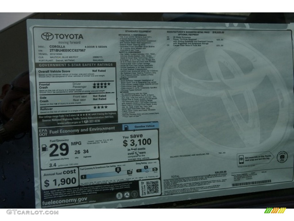2012 Corolla S - Nautical Blue Metallic / Dark Charcoal photo #14