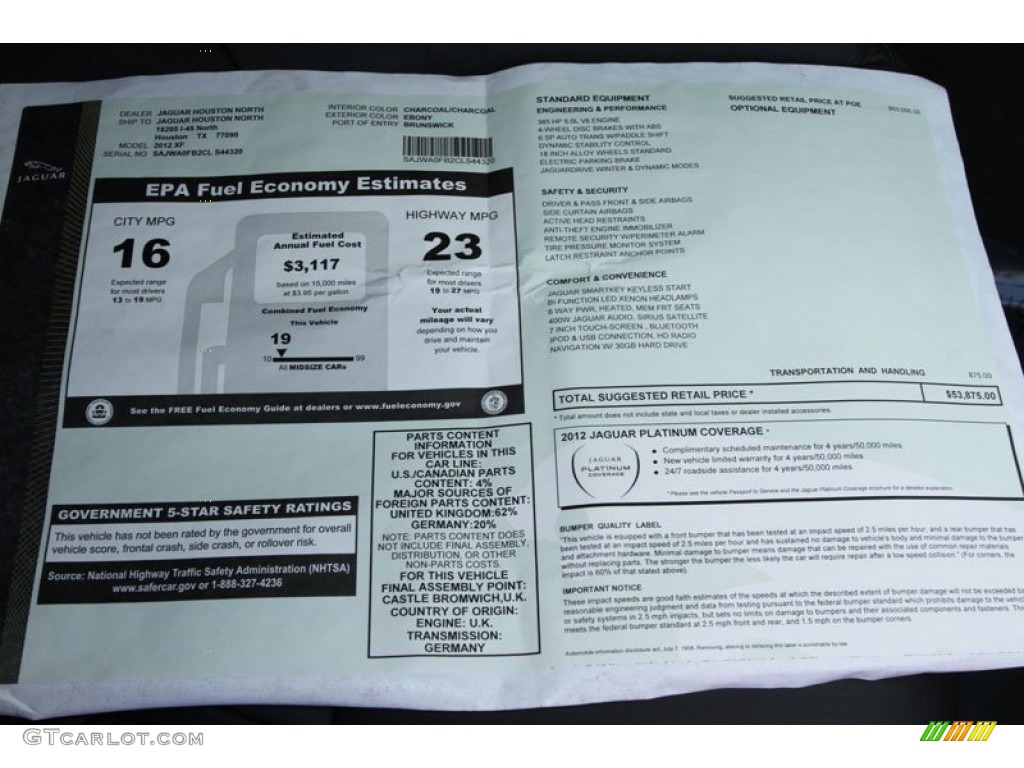 2012 Jaguar XF Standard XF Model Window Sticker Photo #63834876