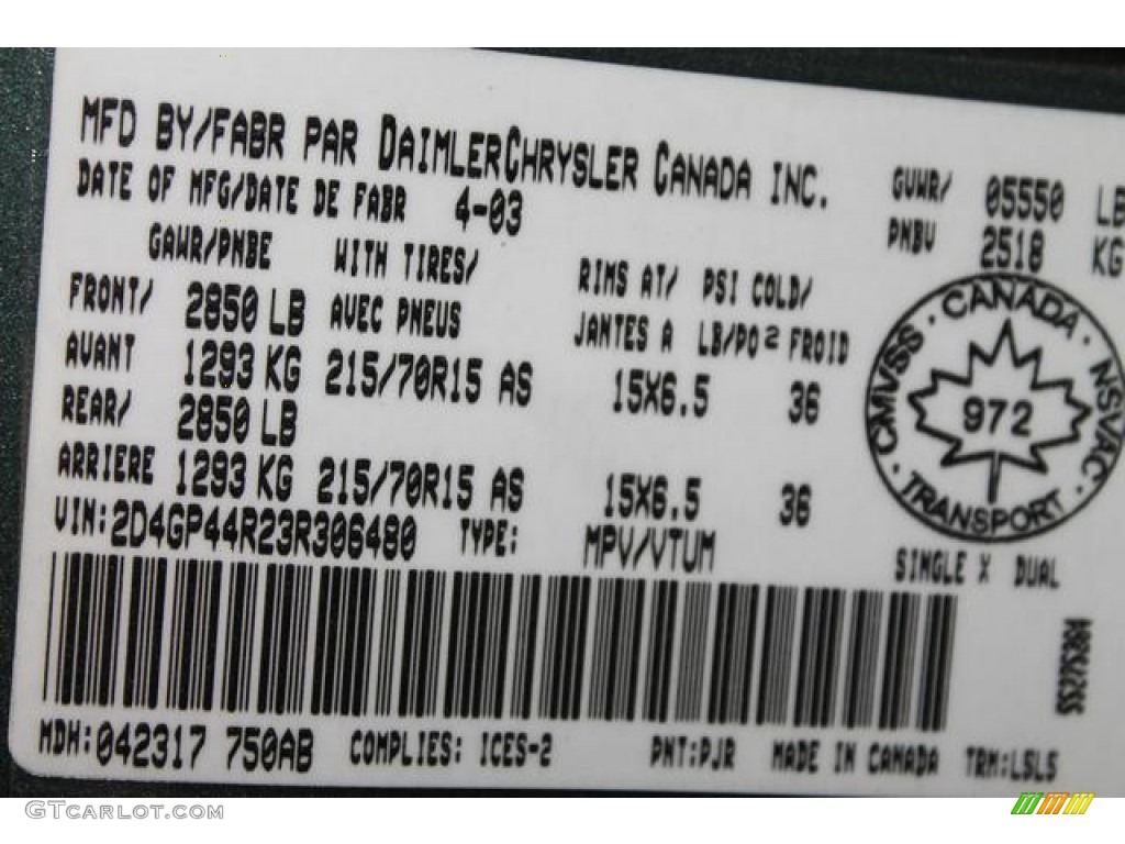 2003 Grand Caravan Color Code PJR for Onyx Green Pearl Photo #63834879