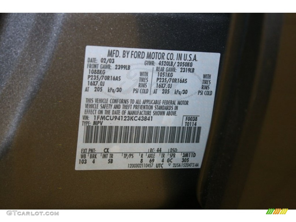 2003 Ford Escape Limited 4WD Color Code Photos