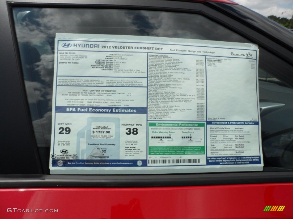 2012 Hyundai Veloster Standard Veloster Model Window Sticker Photo #63838923